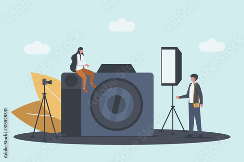 Photographer Concept with Big Camera. Professional Photographer is Taking Shots of Model. Artistic Occupation and Photography Courses. Flat Style. Vector Illustration