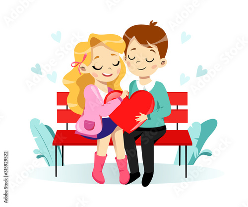 Valentines day concept. Cartoon Young Couple in love Man and Woman are Holding a Big Heart Sitting on the Bench in the Park. Isolated on the White Background. Flat Style. Vector illustration