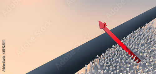 3d render leadership red people outstanding with position above red success arrow over crowd people below,successful determination businessman with red direction arrow reach to best point of view
