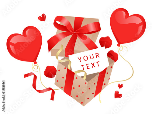 Happy Valentines Day Concept. Red Gift Box With Balloons in Hearts Shape, Ribbons and Bow Isolated on the White Background. Gift Card Design Template. Flat Style. Vector Illustration