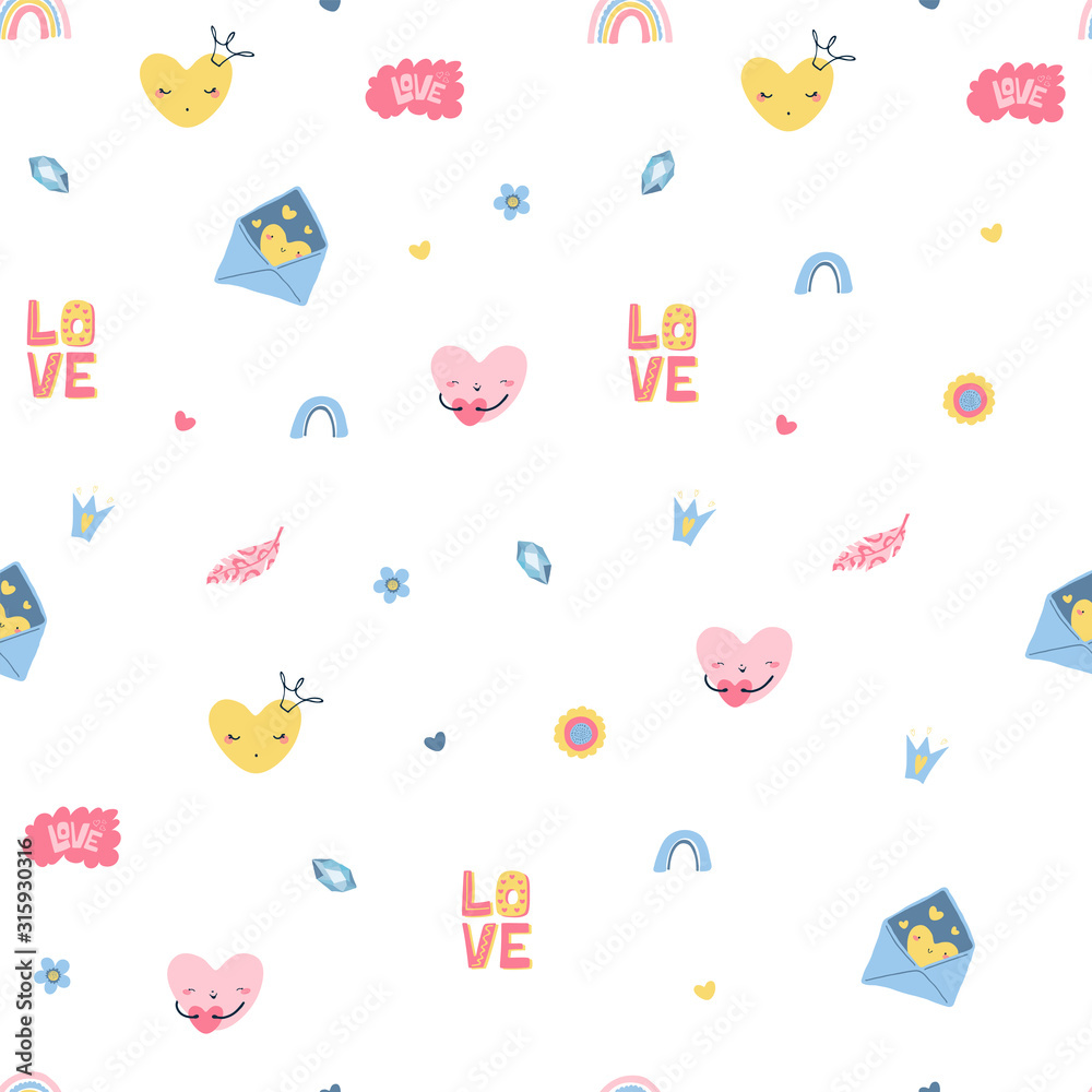 Cute seamless pattern of designer elements for Valentine's Day in flat style on white backgroundin. Background for fabric, wallpaper, textile. Vector illustration Cute seamless pattern of designer elements for Valentine's Day in flat style on white backgroundin. Background for fabric, wallpaper, textile. Vector illustration