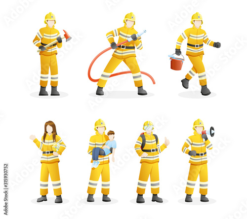 Set of Firefighters put out fires and save civilians
