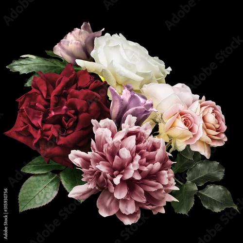 Fototapeta Naklejka Na Ścianę i Meble -  Vintage floral arrangement, bouquet of garden flowers. White and red roses, dark pink peony, purple tulip isolated on black background. Can be used for invitations, greeting, wedding card.