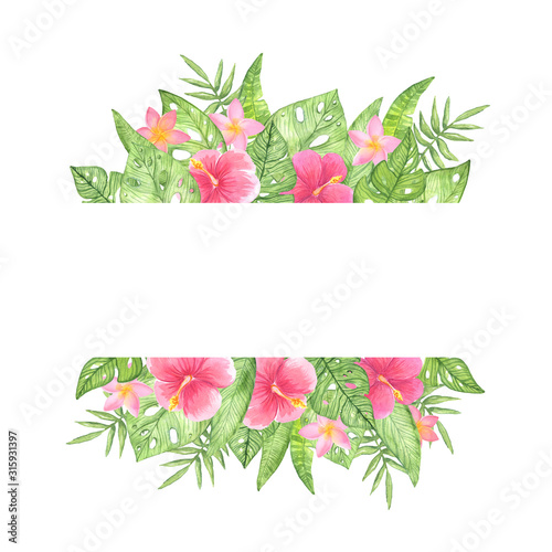 watercolor illustration rectangular frame of green tropical leaves with pink flowers on a white background. copy space for texte. For cards, design, banners, backgrounds, invitations.