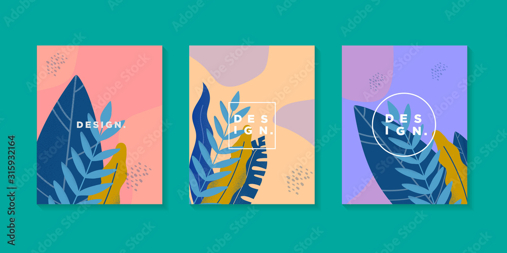 Abstract vintage floral poster with grain texture for book cover and flat color, banner, background, template vector set
