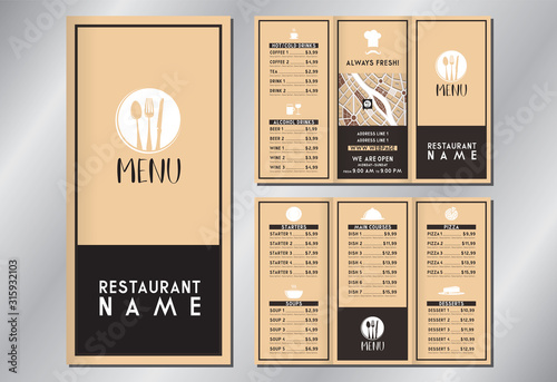 Vintage/ retro restaurant menu template - (starters, soups, main courses, pizza, desserts, drinks) - trifold brochure - 3 x DL (99x210 mm)