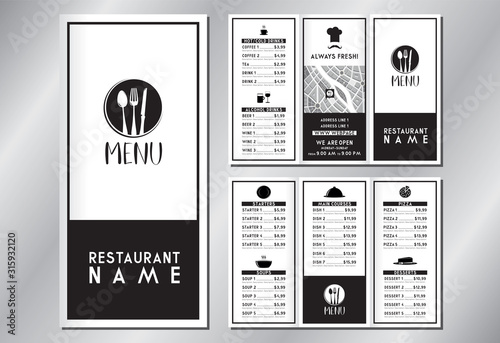 Vintage/ retro restaurant menu template - (starters, soups, main courses, pizza, desserts, drinks) - trifold brochure - 3 x DL (99x210 mm)