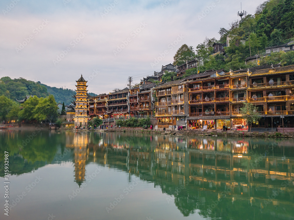 Fototapeta premium fenghuang,Hunan/China-16 October 2018:Scenery view of fenghuang old town .phoenix ancient town or Fenghuang County is a county of Hunan Province, China