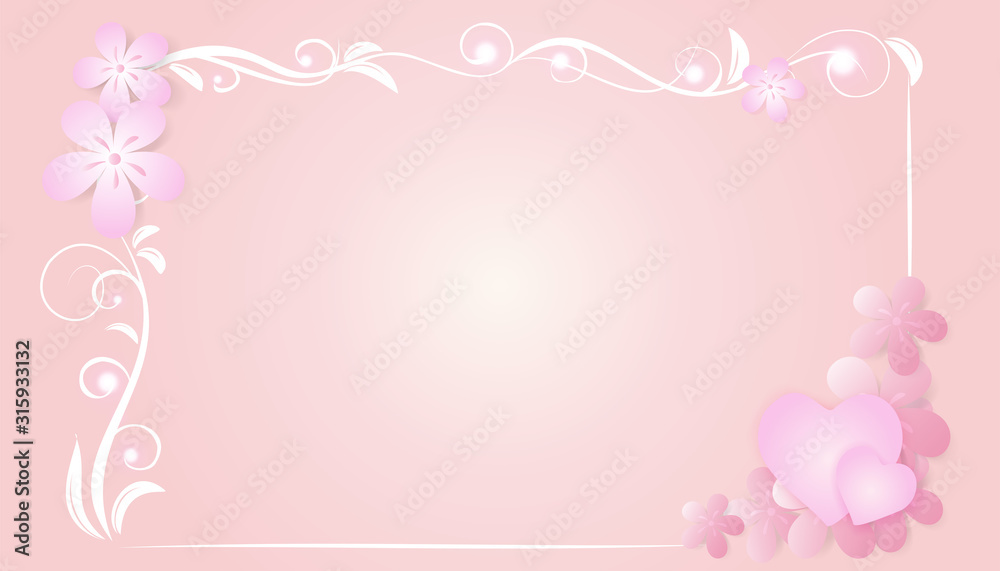 Valentine's day concept with pink hearts on pink background and pink flower and floral ornament frame border style,Vector symbols of love