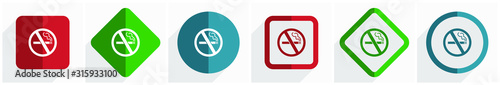 No smoking icon set, flat design vector illustration in 6 options for webdesign and mobile applications in eps 10