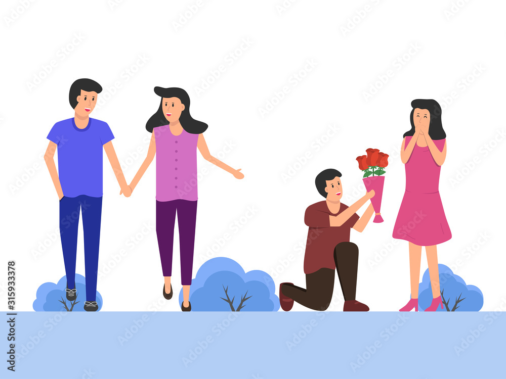 Couple on romantic date. Boy and girl walking together. Man makes marriage  propose to girlfriend with rose bouquet. Flat cartoon vector illustration.  Stock Vector | Adobe Stock