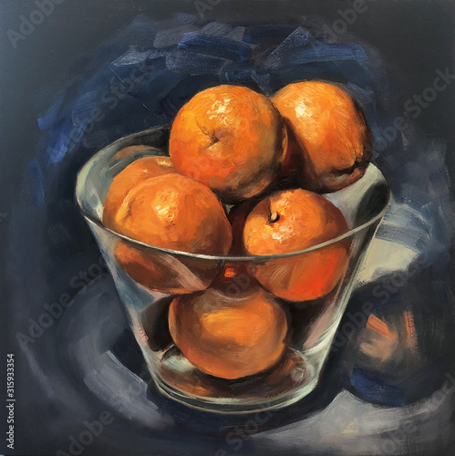 Oranges in the glass bowl on the dark gray-blue background. Impressionistic painting, oil on canvas. Original artwork. 