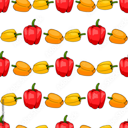 Seamless pattern of red, yellow and orange peppers on white background. Endless background for your design. Ingredients for cooking.