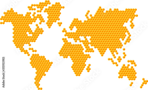 Vector image of a honeycomb repeating the outlines of the world map, as a concept of relationships in different directions on a global scale.