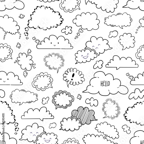 Set of speech bubbles, vector hand drawn seamless pattern. endless black and white abstract background, EPS 8
