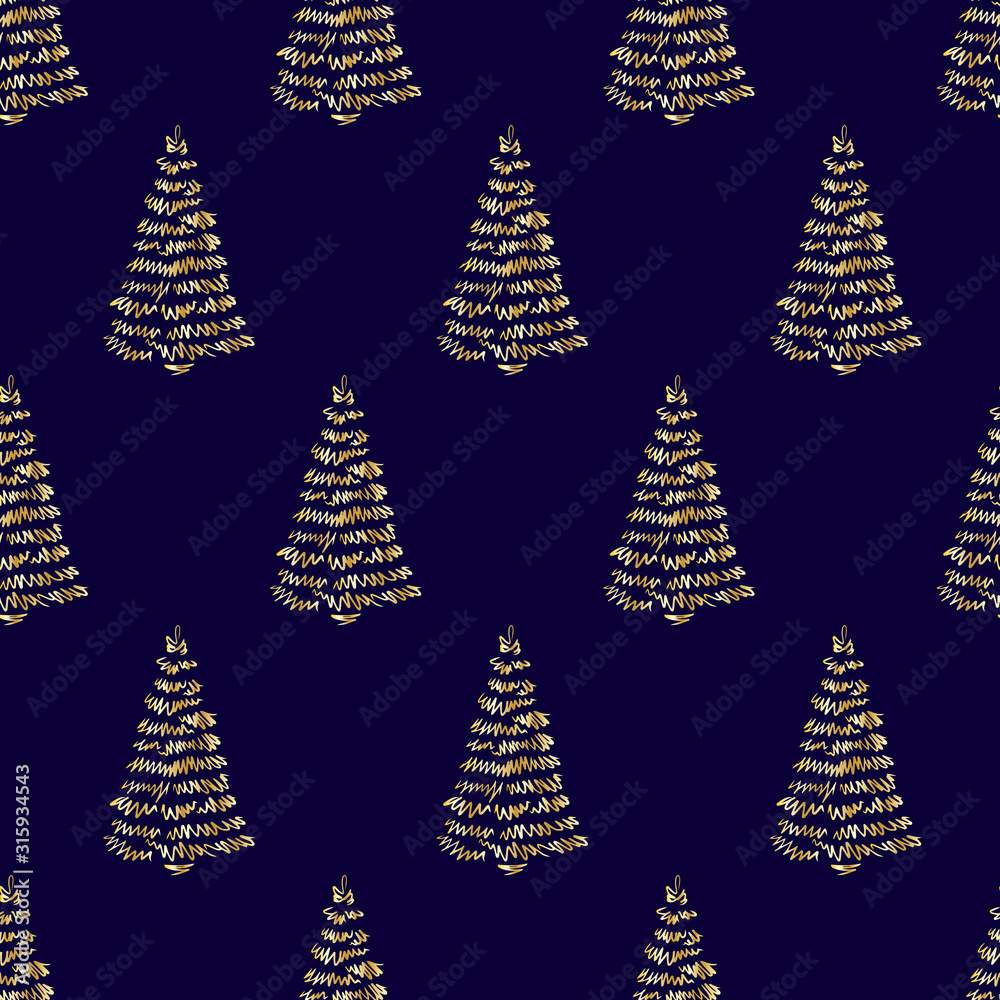 Obraz premium Hand-drawn abstract pine pattern for new year, golden christmas tree seamless background, EPS 10