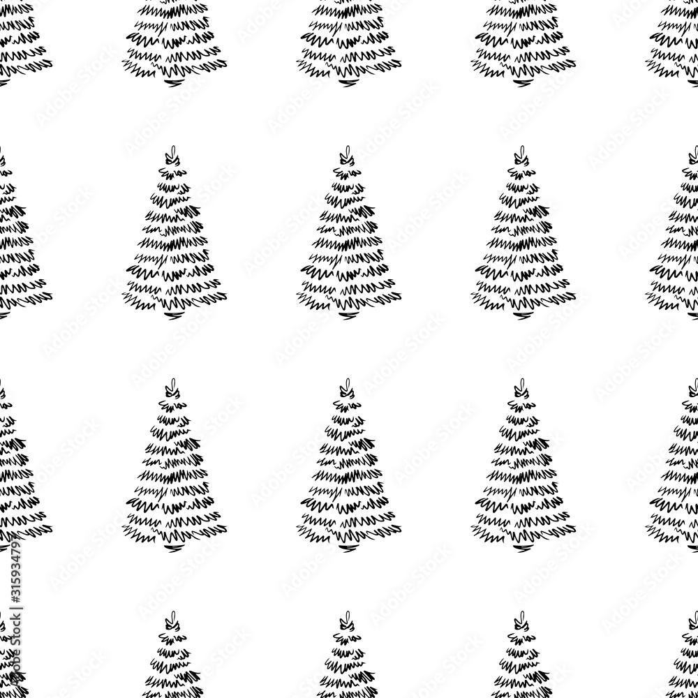 Obraz premium Hand-drawn abstract pine pattern for new year, christmas tree seamless black and white background, EPS 8