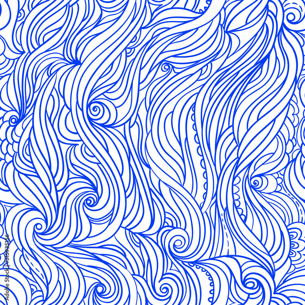Seamless water pattern, hand-drawn waves vector, blue and white wave background, Eps 8