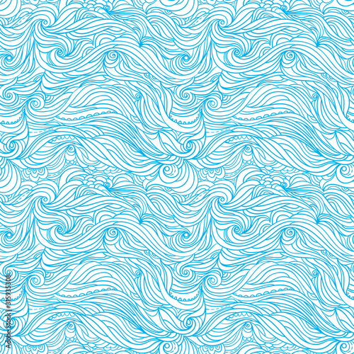 Seamless water pattern, hand-drawn waves vector, blue and white wave background, Eps 8