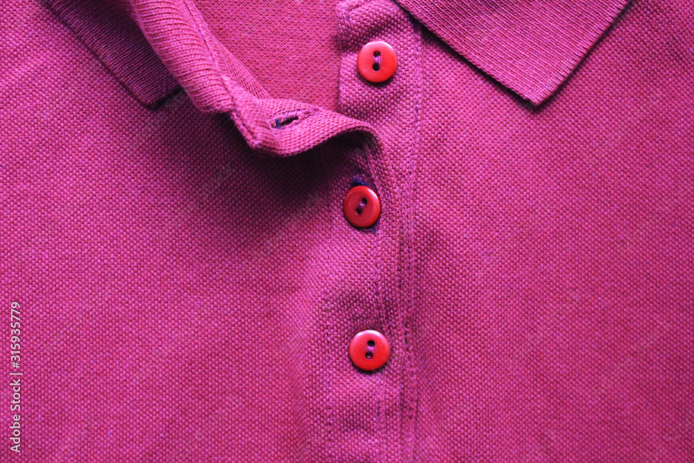 Purple polo shirt detail with buttons, classic purple t-shirt design.  Unbuttoned colorful cotton fabric top, close up top view of casual clothes  for men and women Photos | Adobe Stock