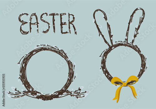 Pussy Willow Wreath on Blue Background set