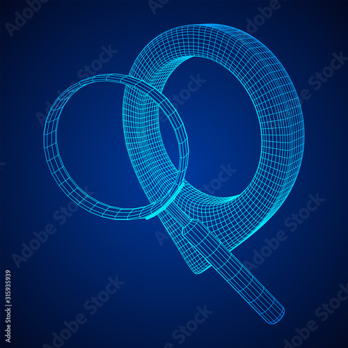 Location pin geo mark icon for travel with magnifying glass. Search path navigator concept. Wireframe low poly mesh vector illustration