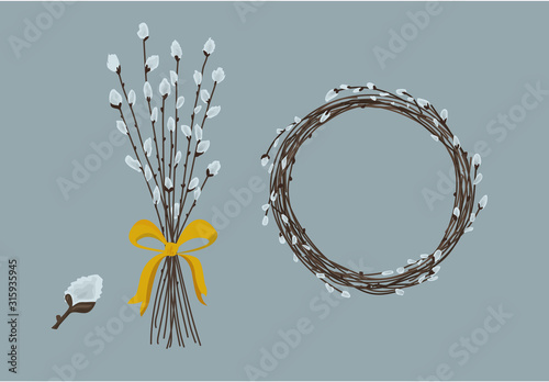 Pussy Willow Wreath on Blue Background set