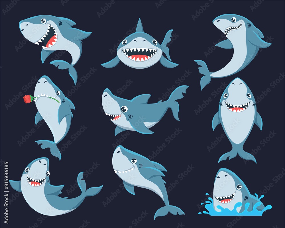 Obraz premium Cute funny shark flat vector illustrations set