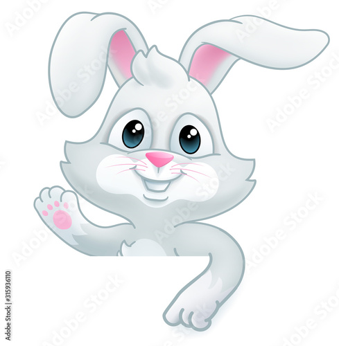 Easter bunny rabbit cartoon character peeking over a sign background and pointing down at it
