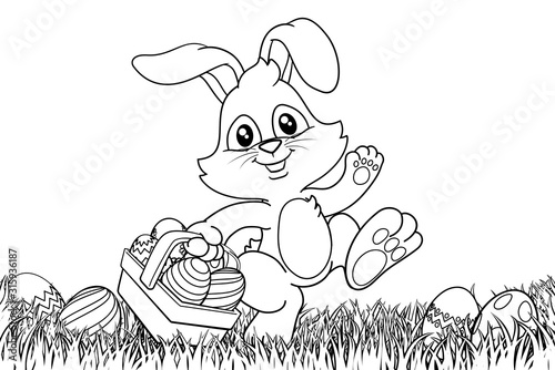 Easter bunny rabbit cartoon character holding a basket full of painted Easter eggs in a field of grass. In black and white outline.