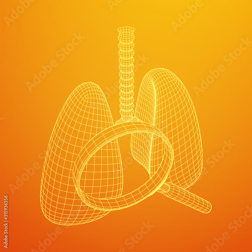 Lungs with trachea bronchi internal organ human with magnifying glass. Pulmonology medicine science analysis concept. Wireframe low poly mesh vector illustration