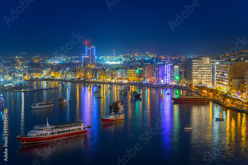 Night scenery of Sliema harbor on Malta.