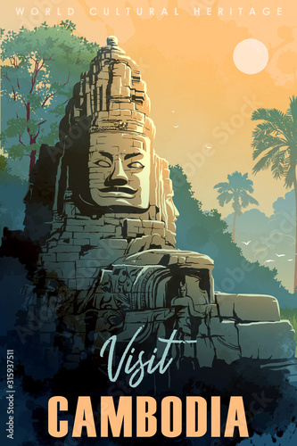 Buddha Temple in Angkor Wat, Cambodia. Vintage travel poster. 50-s style. EPS10 vector illustration