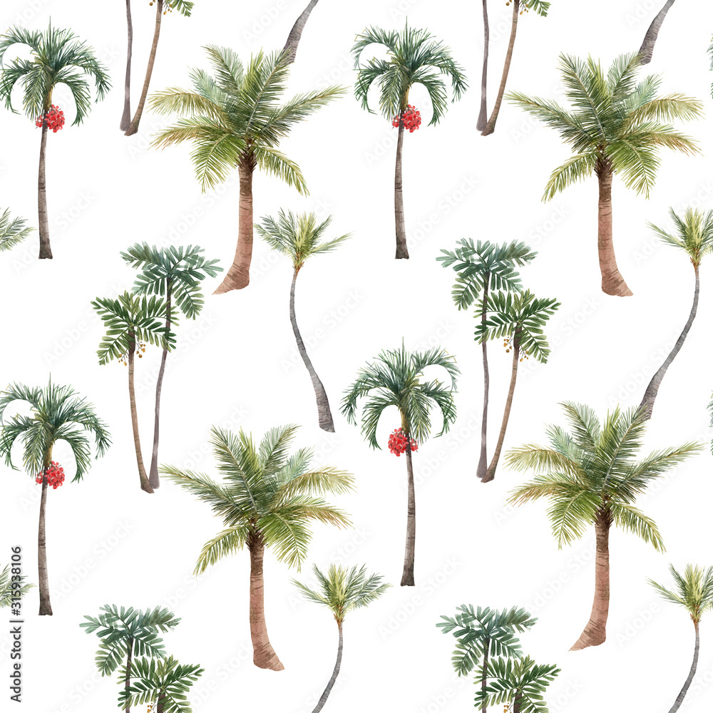 Fototapeta premium Beautiful seamless pattern with watercolor hand drawn tropical jungle palms. Stock illustration.