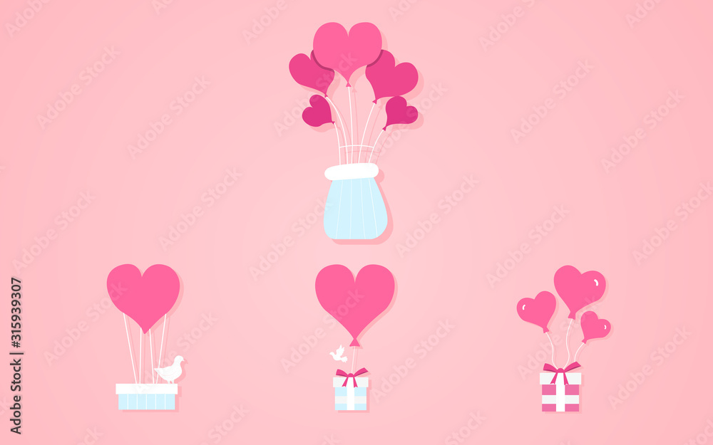 Balloons in the form of hearts, gift box vector illustration on a pink background Balloons in the form of hearts, gift box vector illustration on a pink background