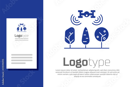 Blue Smart farm with drone control and tree icon isolated on white background. Innovation technology for agricultural company. Logo design template element. Vector Illustration
