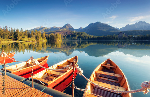 Wonderful lake in National Park High Tatra. Location Strbske pleso, Slovakia, Europe.