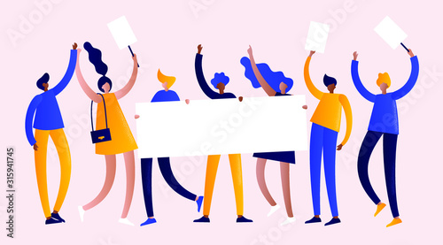People activists illustration. Men women holding protest banner manifestation.