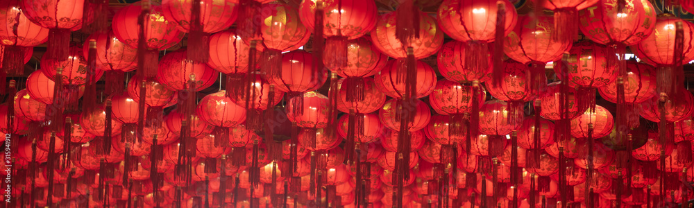 Chinese New Year 2020, Background of Chinese lantern hanging on the celling. - obrazy, fototapety, plakaty 