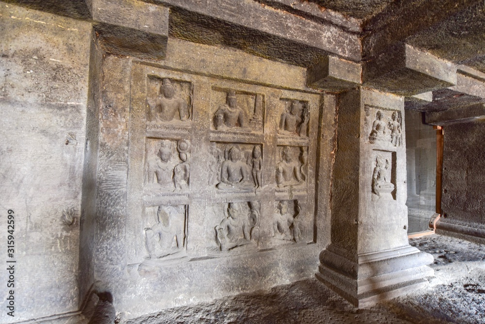 Buddhist Statues Inside Cave No. 12 of the Ellora Caves in Aurangabad, India