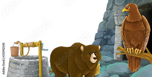 cartoon scene with bear with bird eagle with entrance to the mine with bird eagle on white background with space for text - illustration for children