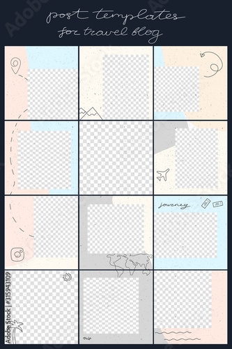 Modern design backgrounds for social media banner. Set of instagram post frame templates. Mockup for personal blog or travel agency. Layout for promotion. Endless square puzzle. Vector