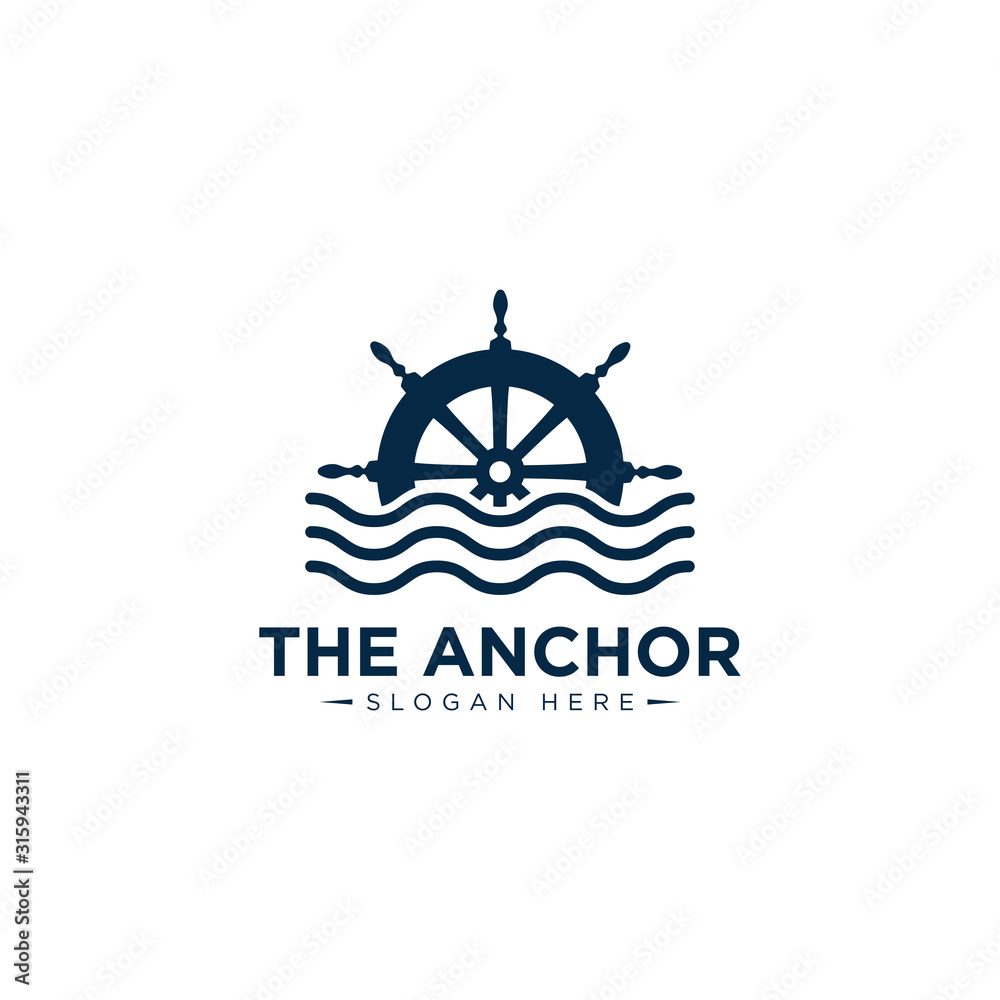 marine retro emblems logo with anchor rope and ship wheel, anchor logo