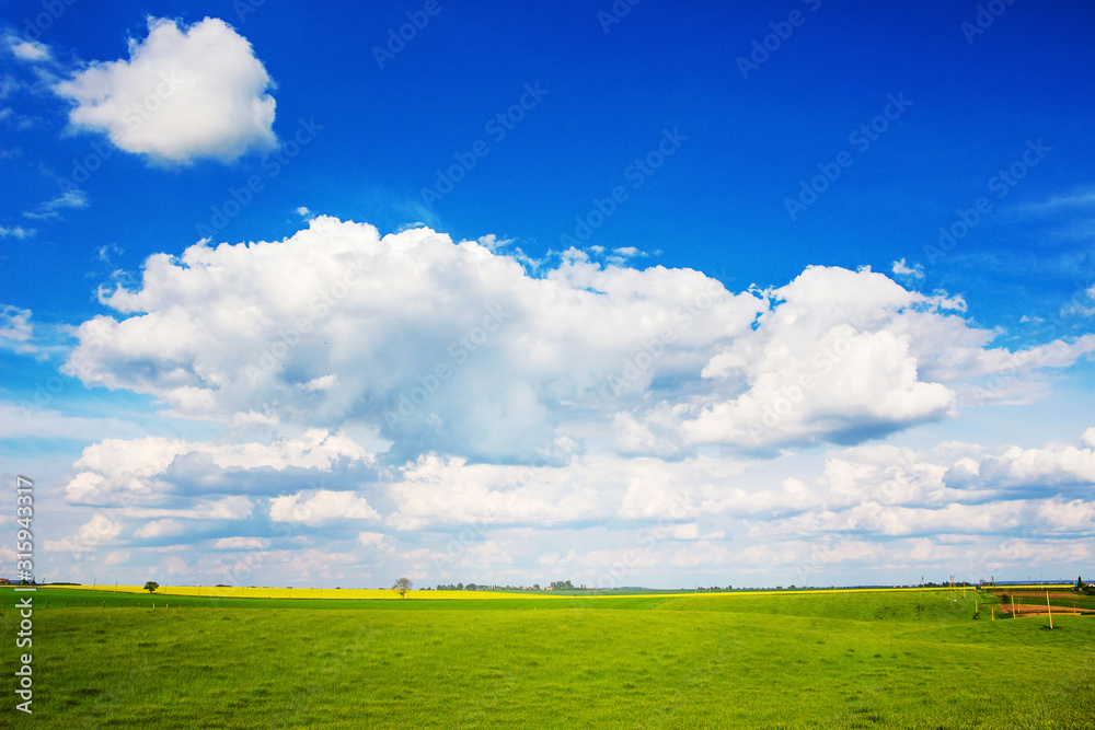 Picturesque summer landscape with white clouds in blue sky over field with green grass_ Picturesque summer landscape with white clouds in blue sky over field with green grass_