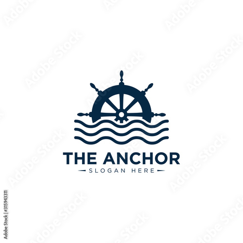 marine retro emblems logo with anchor rope and ship wheel, anchor logo - vector