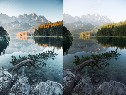 Great view of famous lake Eibsee. Images before and after.