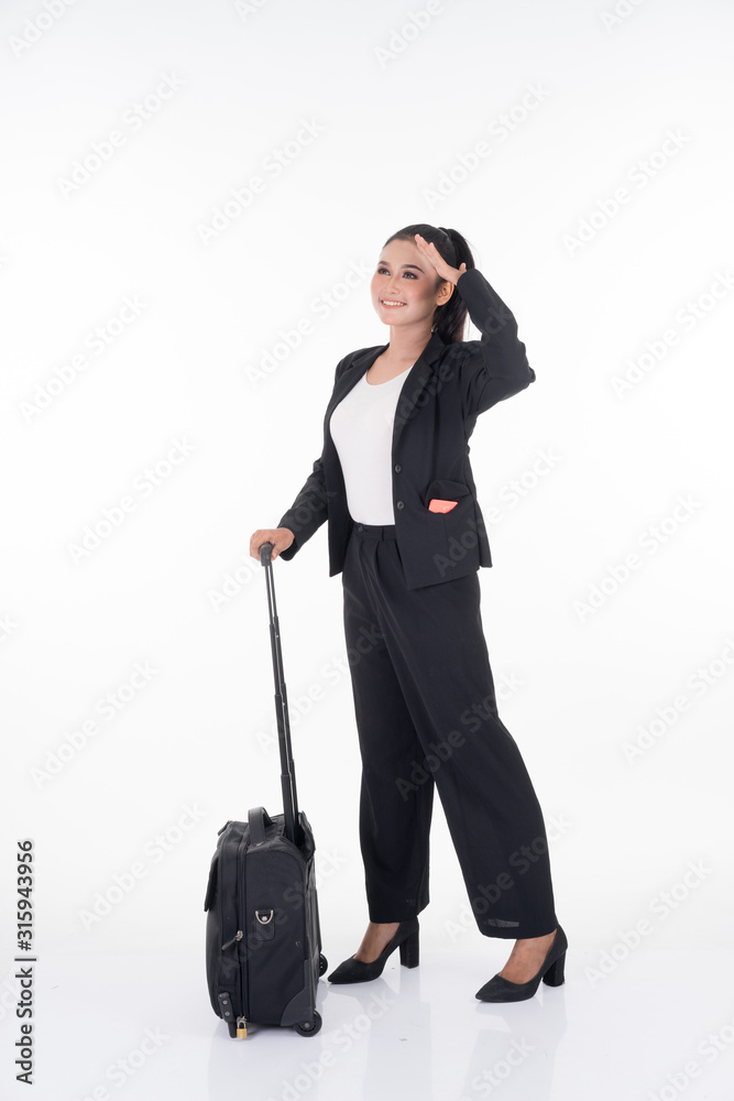 Businesswoman on a business trip, with luggage isolated on white background. Suitable for cut out, manipulation or composite works for travel or business concept. Businesswoman on a business trip, with luggage isolated on white background. Suitable for cut out, manipulation or composite works for travel or business concept.