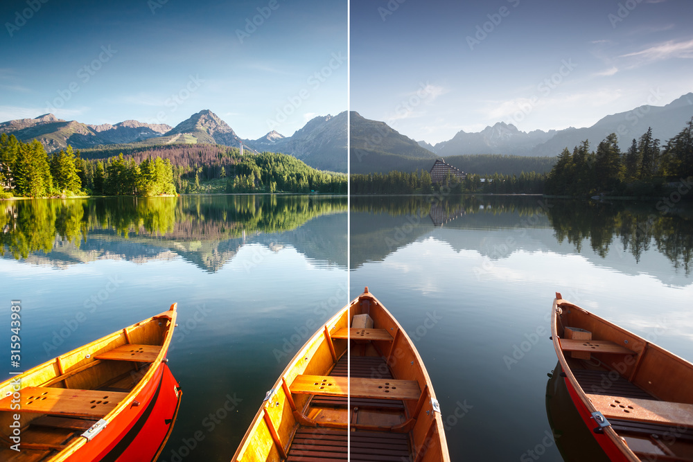 Stunning lake in National Park High Tatra. Images before and after.