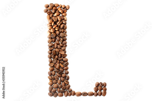 Coffee beans. Letter L made from coffee beans on a white background. Brown
