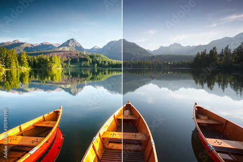 Stunning lake in National Park High Tatra. Images before and after.